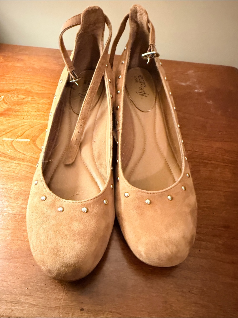 Stud-Trim Suede Tan Slingback Flats